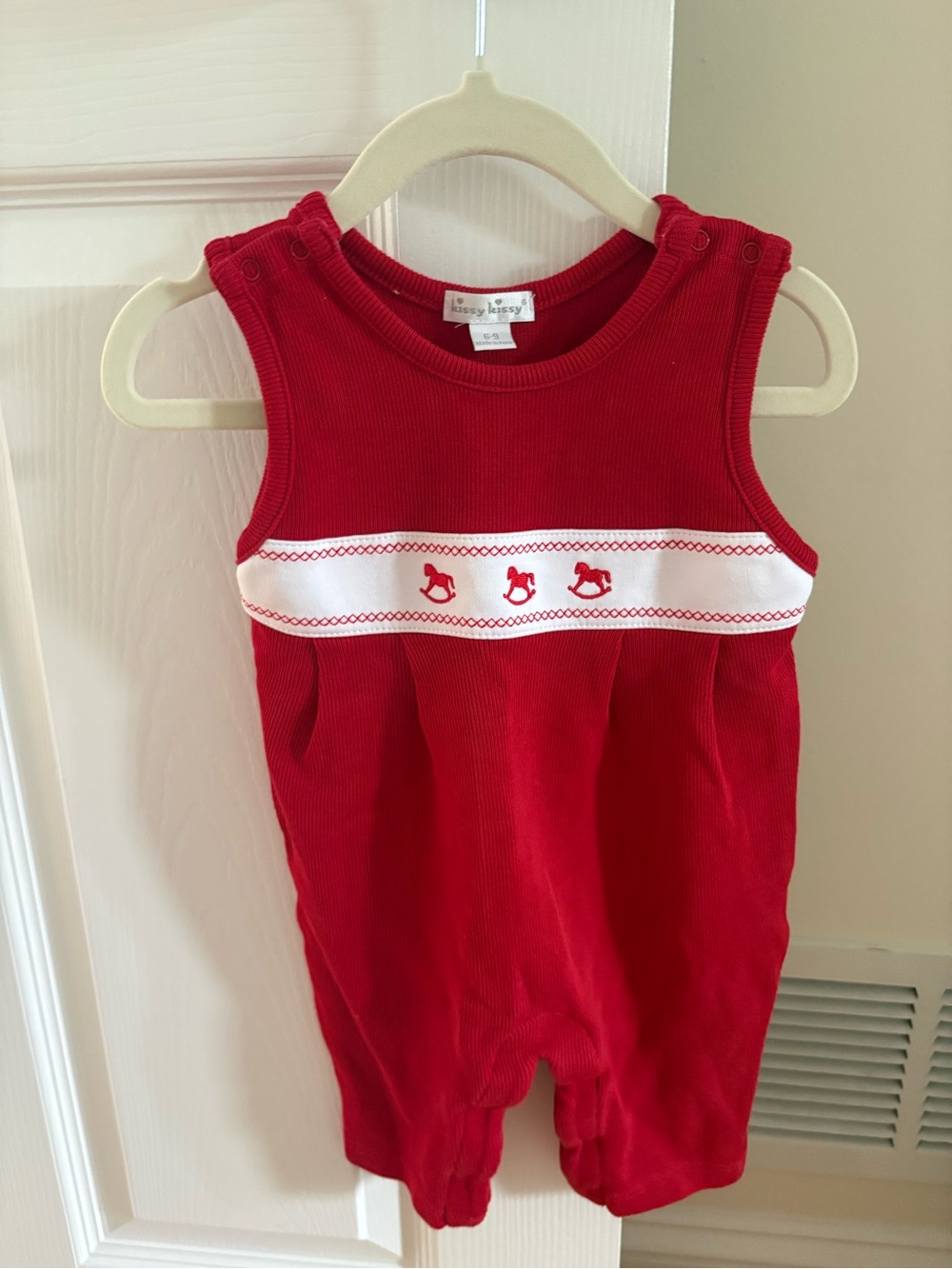 Kissy Kissy Red Baby Romper with Rocking Horse Trim
